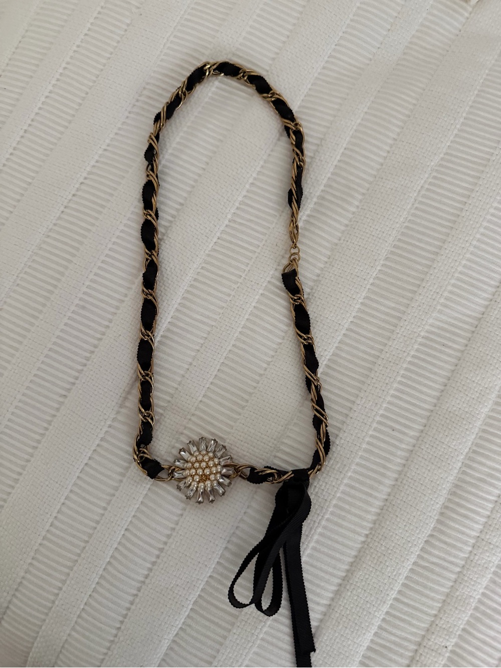 JCrew Gold and Black Braided Ribbon Necklace with Crystal Sunburst Pendant